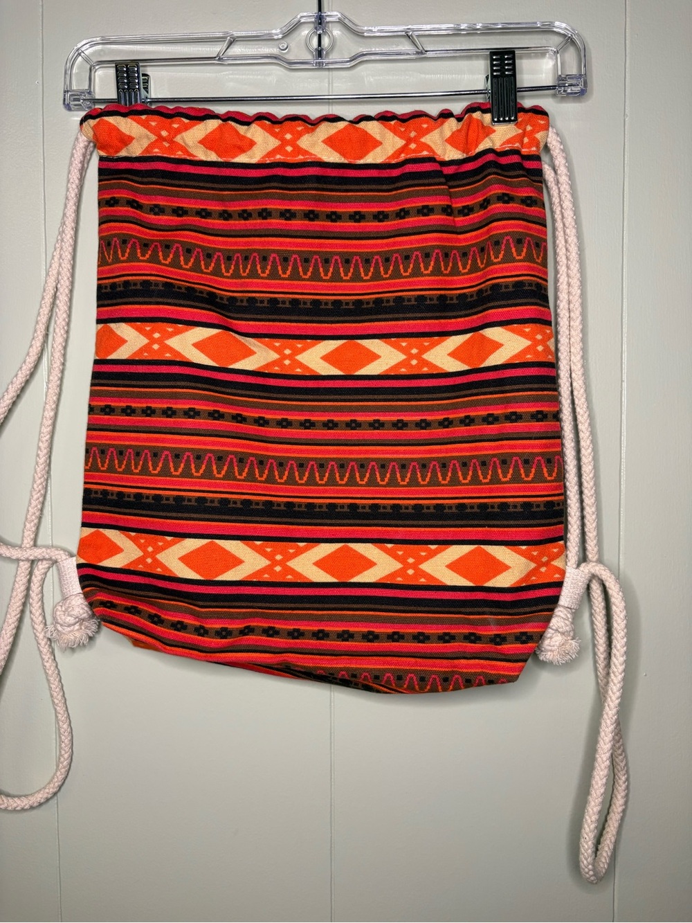 Handmade Patterned Drawstring Backpack in Orange and Red - Picture 3 of 4